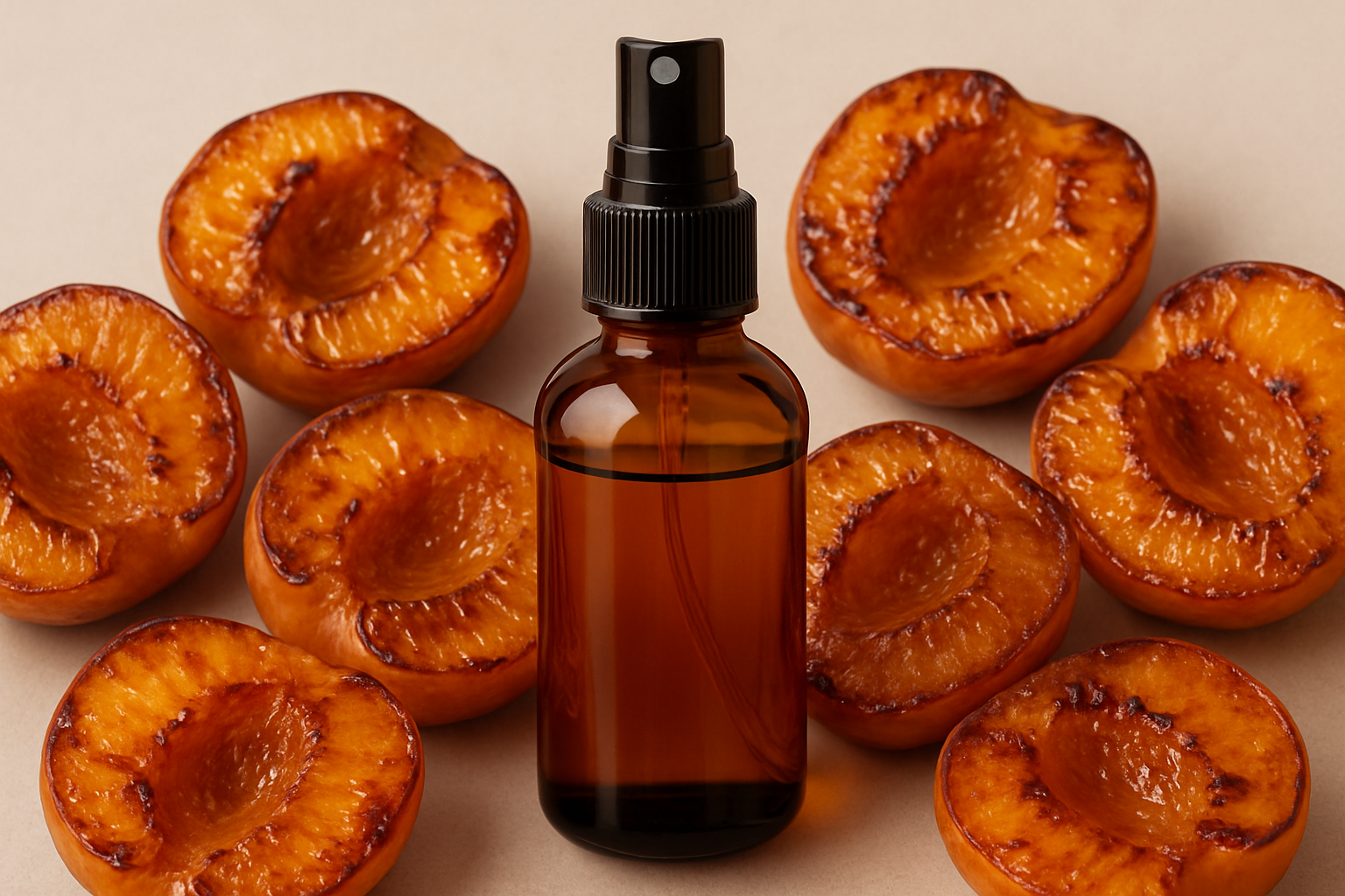 A 2oz amber bottle with a black spray cap surrounded by caramelized peaches with a neutral background